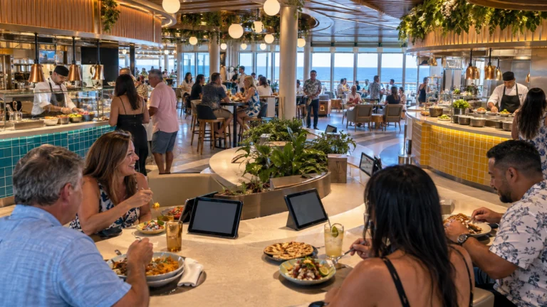 Diners sample global small plates around the colorful open kitchens and shared tables of Indulge Food Hall.