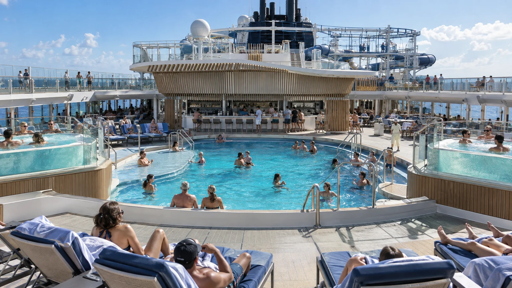 Passengers swim and sunbathe around Norwegian Prima’s main pool and raised infinity hot tubs on a bright sea day.