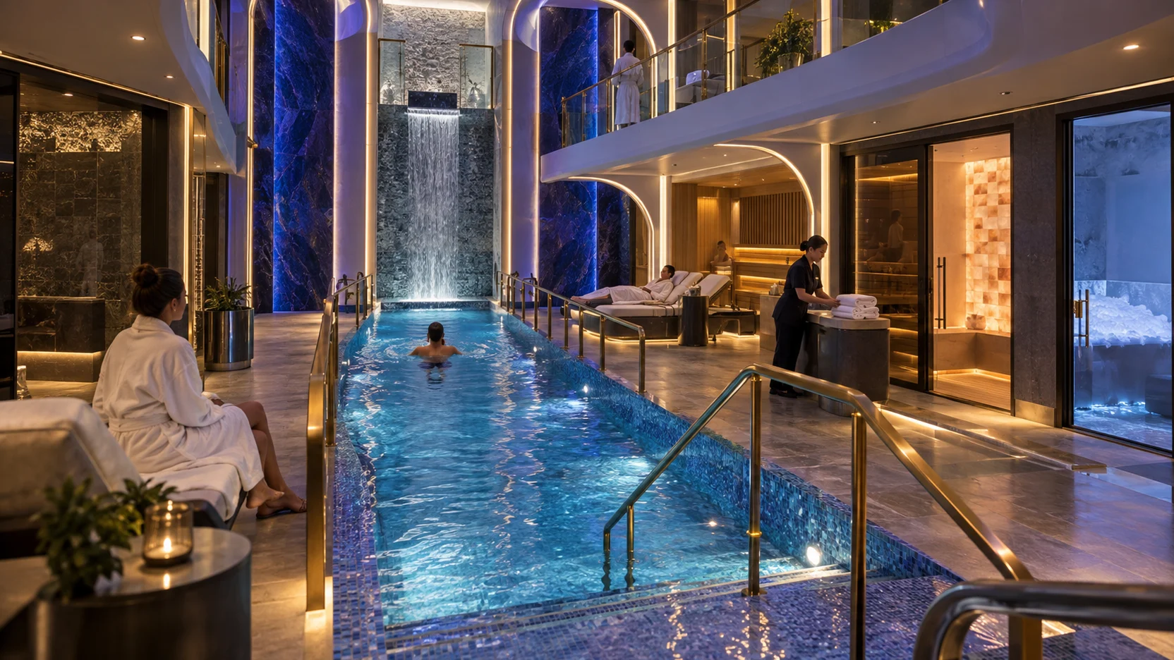 The Mandara Spa Thermal Suite surrounds a long blue vitality pool with a waterfall, saunas and heated loungers.