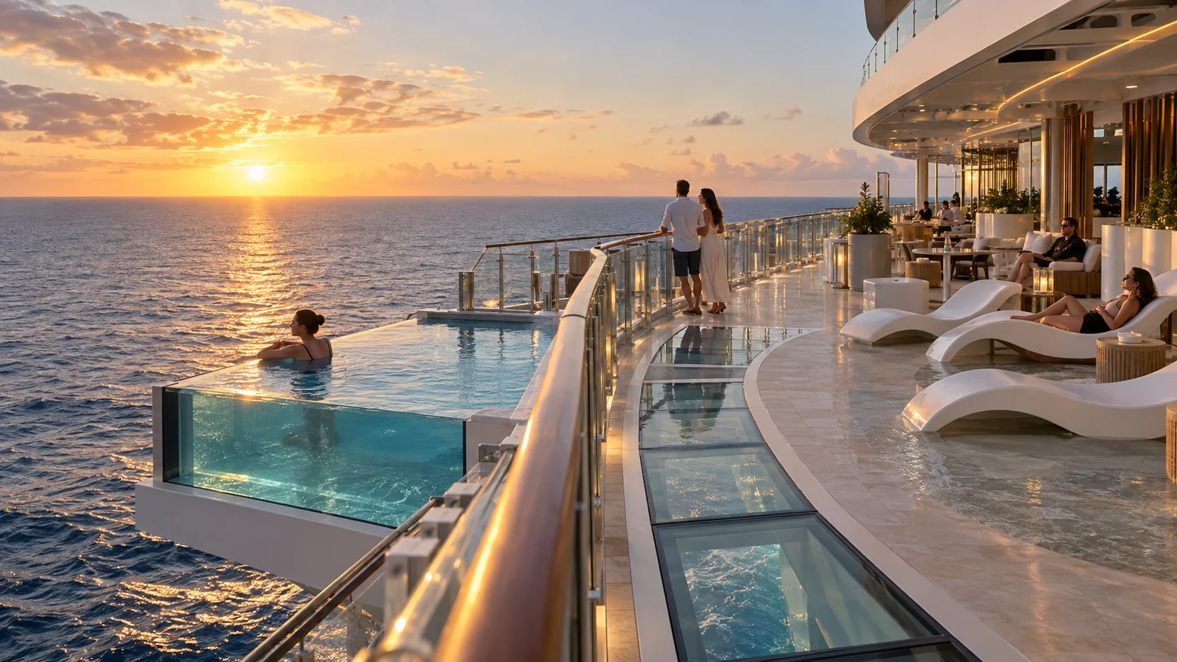 Guests relax beside the glass-edged Infinity Beach pool and Oceanwalk on Norwegian Prima at sunset.