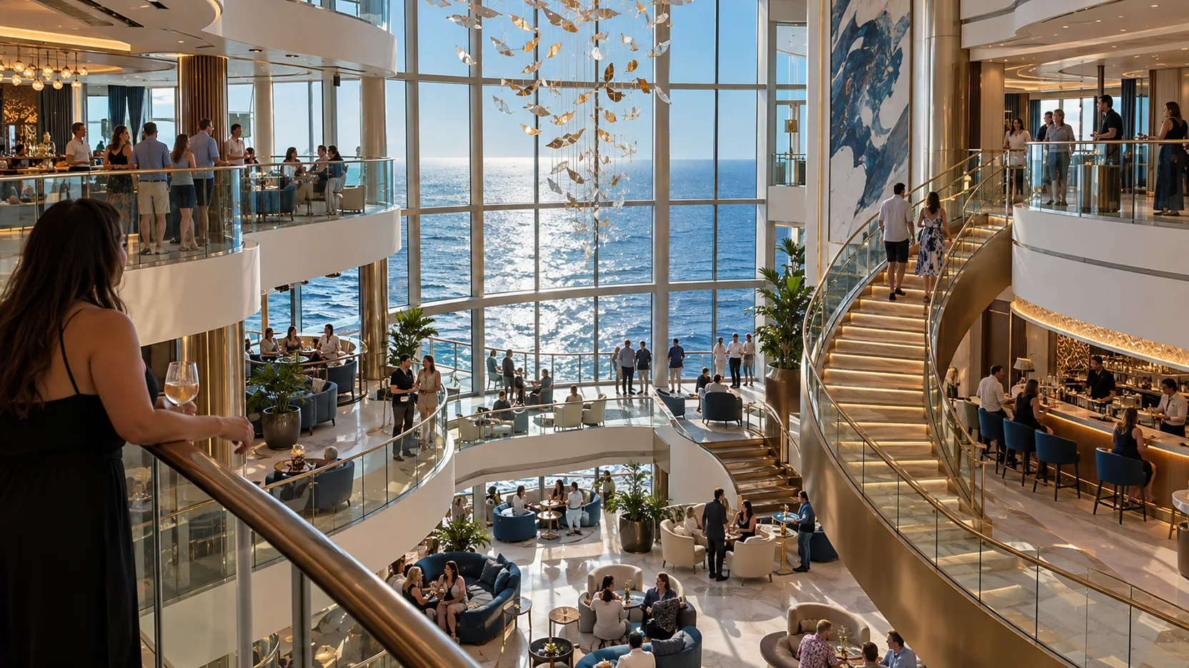 The three-story glass-walled Penrose Atrium opens to ocean views, sculptural stairs and lively lounge seating.