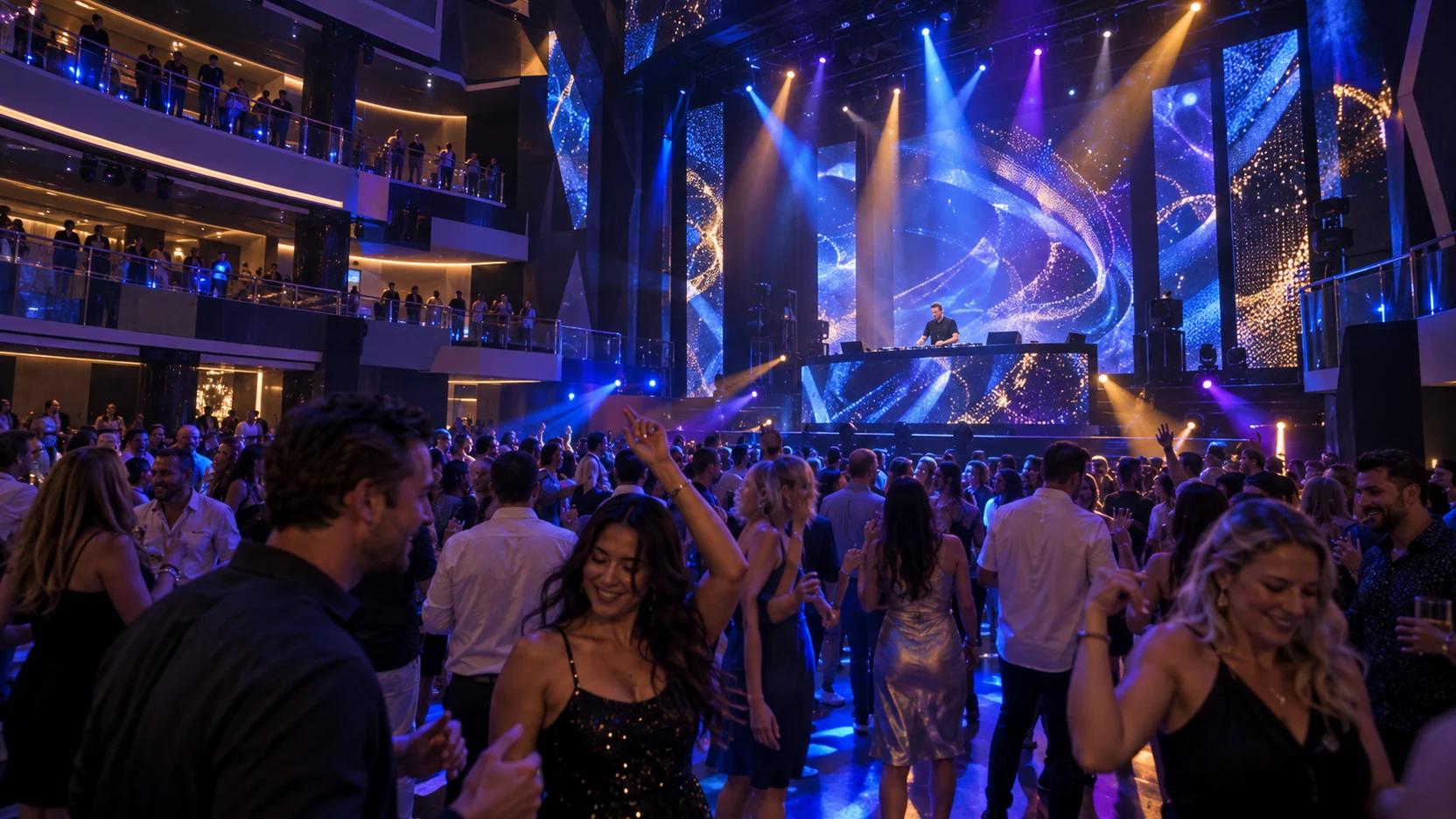 Guests dance beneath abstract LED displays in the transformed three-level Prima Theater and Club.