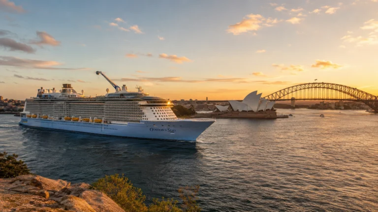 Ovation of the Seas sailing past Sydney Harbour Bridge at sunset