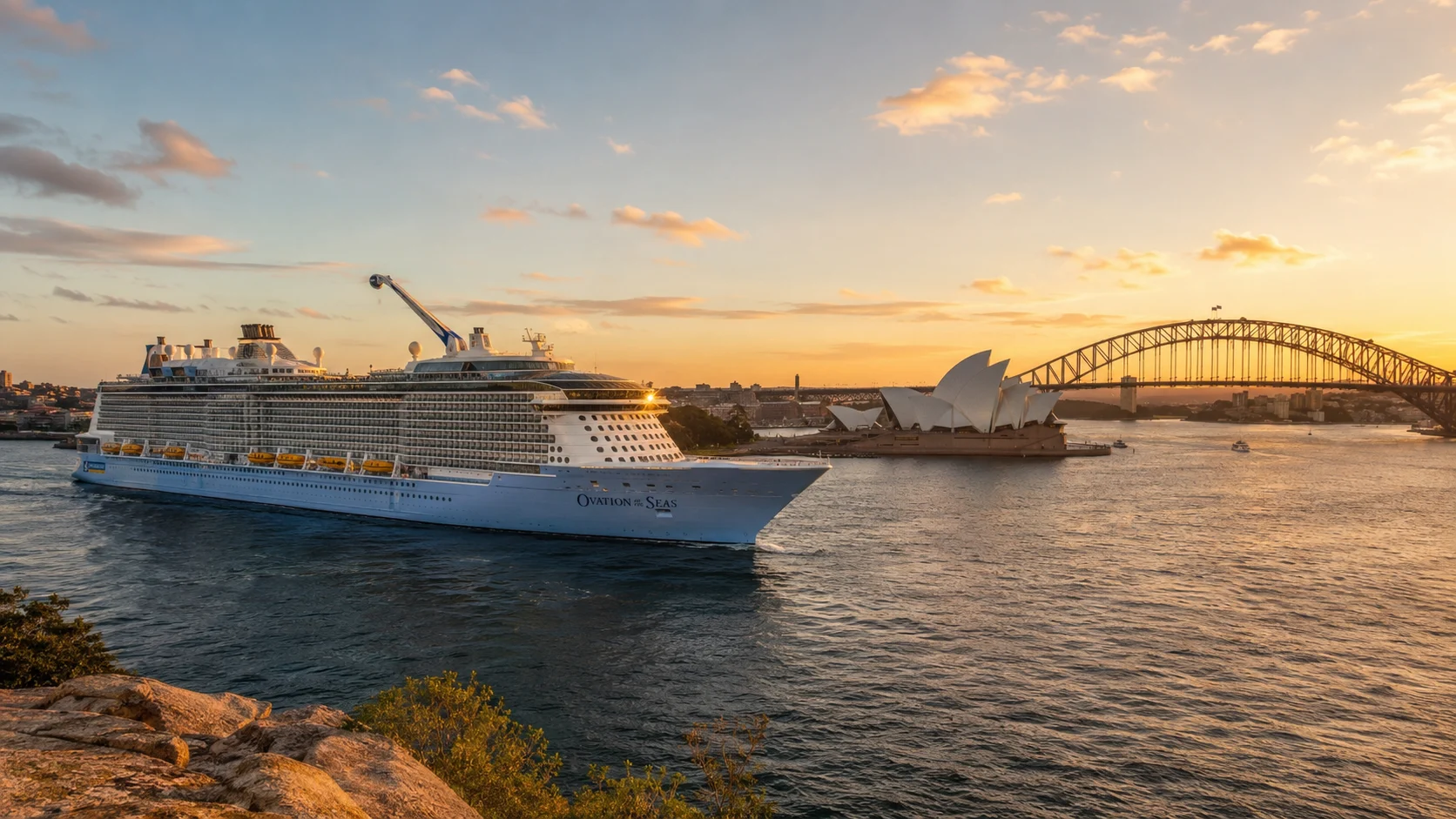 Ovation of the Seas sailing past Sydney Harbour Bridge at sunset