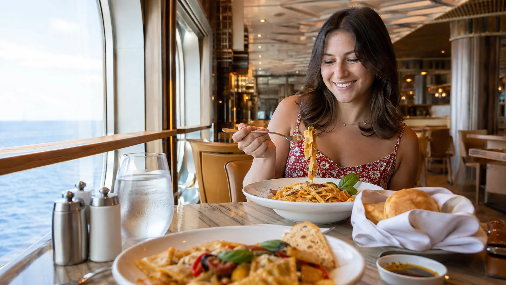 Woman enjoying pasta beside an ocean-view restaurant window