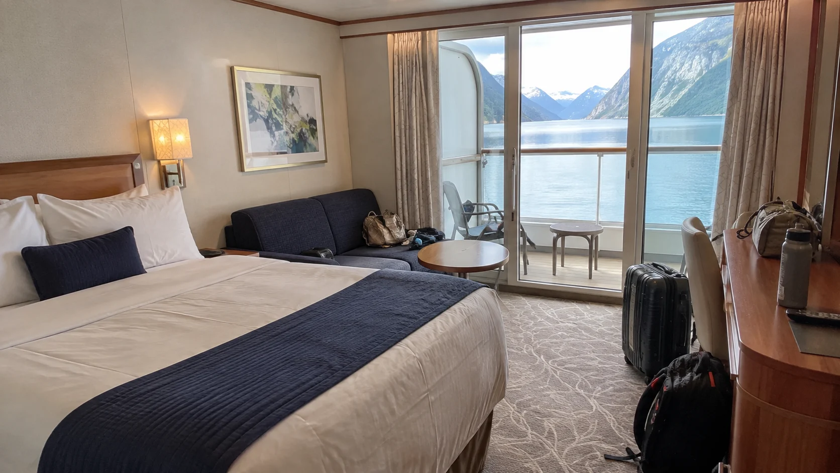 Radiance of the Seas stateroom overlooking an Alaskan fjord
