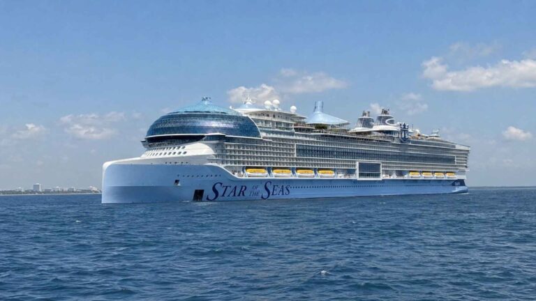 Star of the Seas at sea with the ship's name painted on the hull