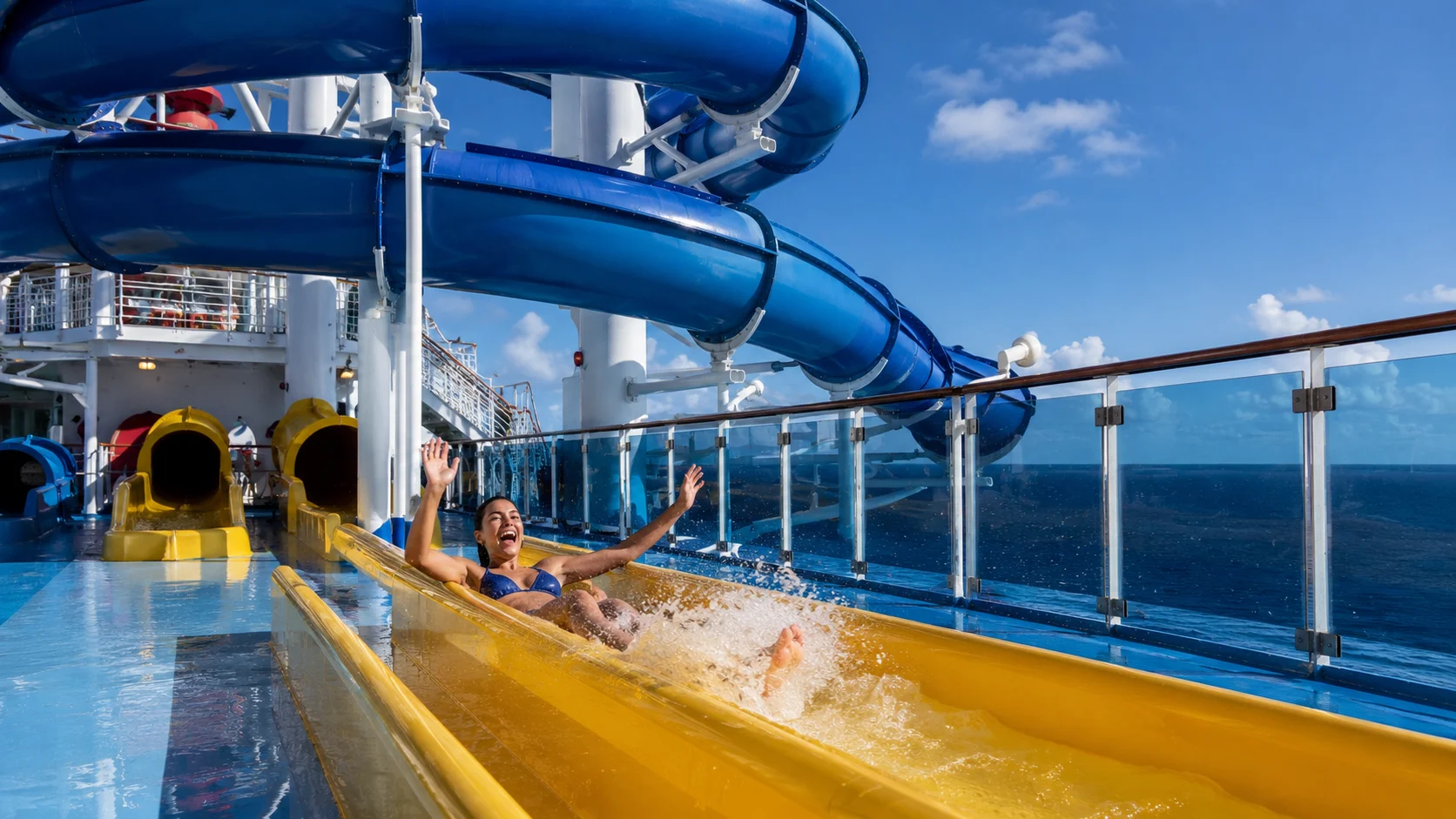 Guest splashing down a waterslide aboard Carnival Freedom