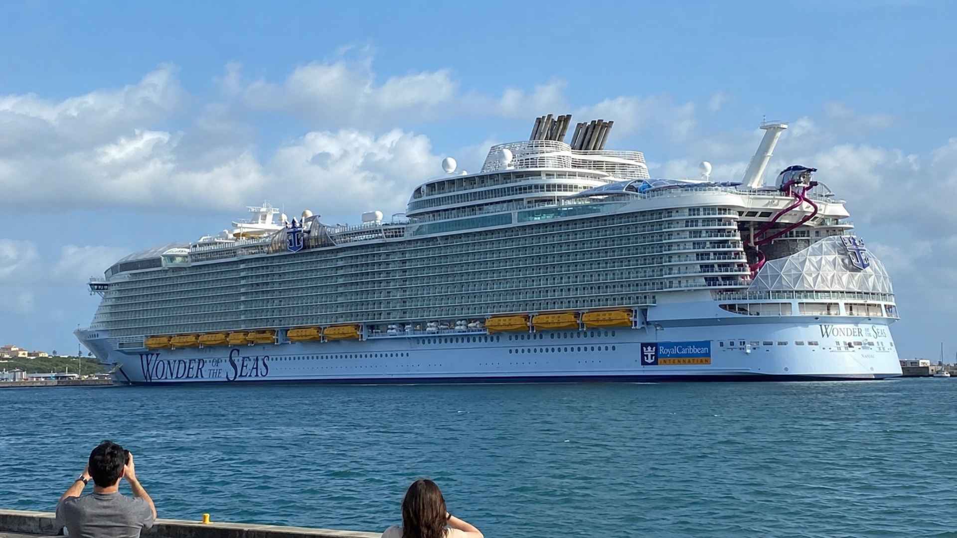 Wonder of the Seas docked, seen from the shoreline