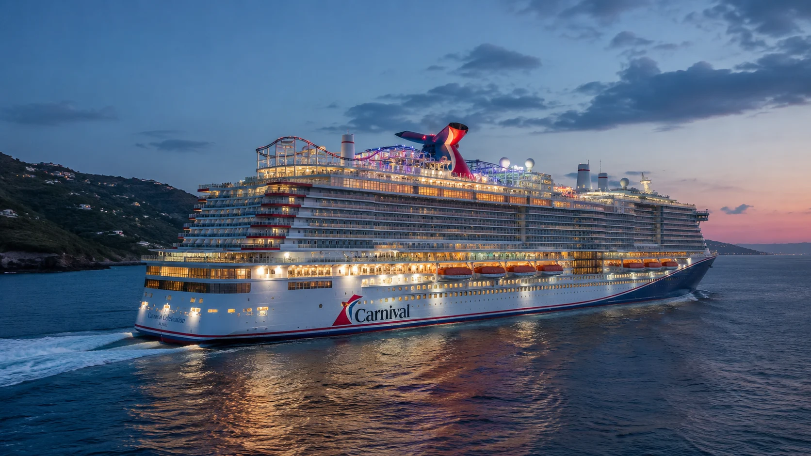 Carnival Celebration sailing at dusk
