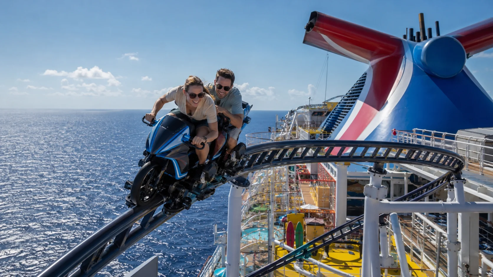 Riders on the BOLT roller coaster aboard Carnival Jubilee