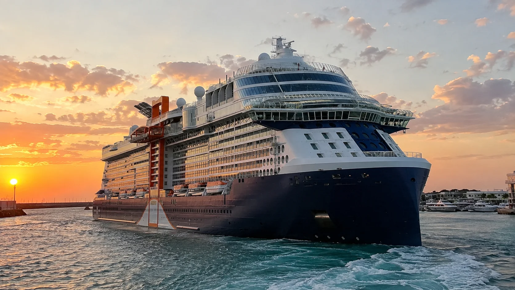 Celebrity Ascent sailing at sunset