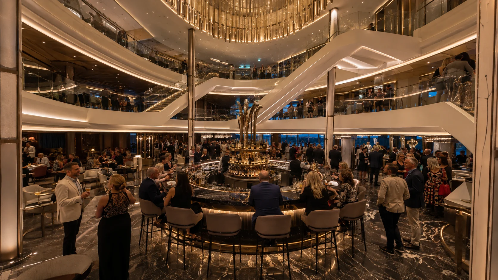 Celebrity Ascent Grand Plaza with central bar and curved balconies