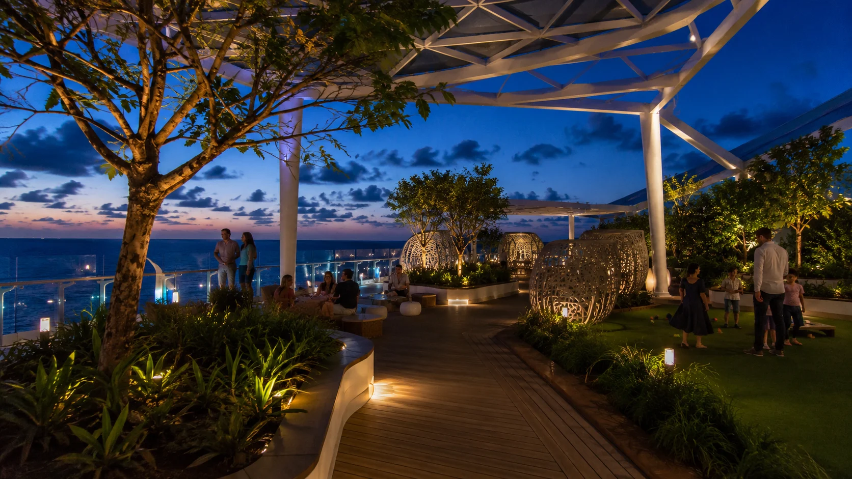 Celebrity Ascent Rooftop Garden illuminated at dusk