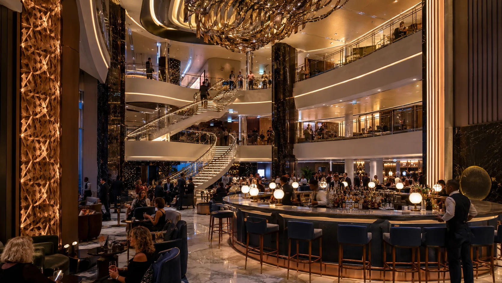 Celebrity Beyond Grand Plaza with central bar and curved balconies