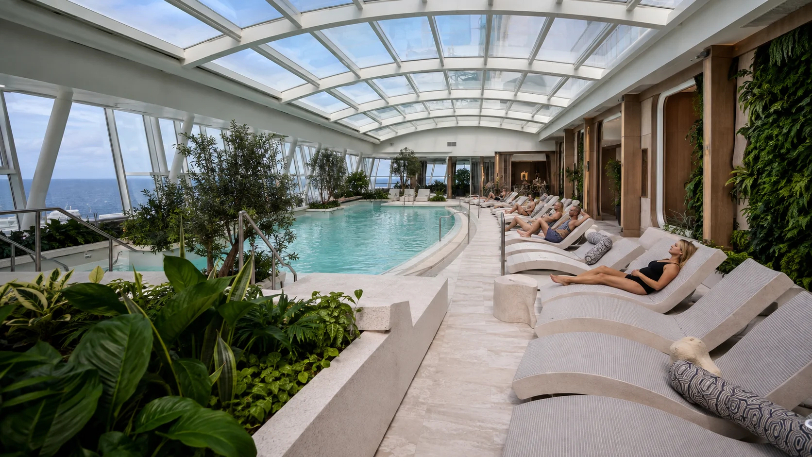 Indoor pool and loungers in the Celebrity Beyond Solarium