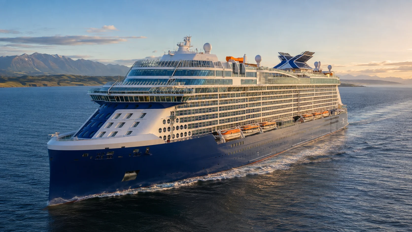 Celebrity Edge sailing past mountains at sunset