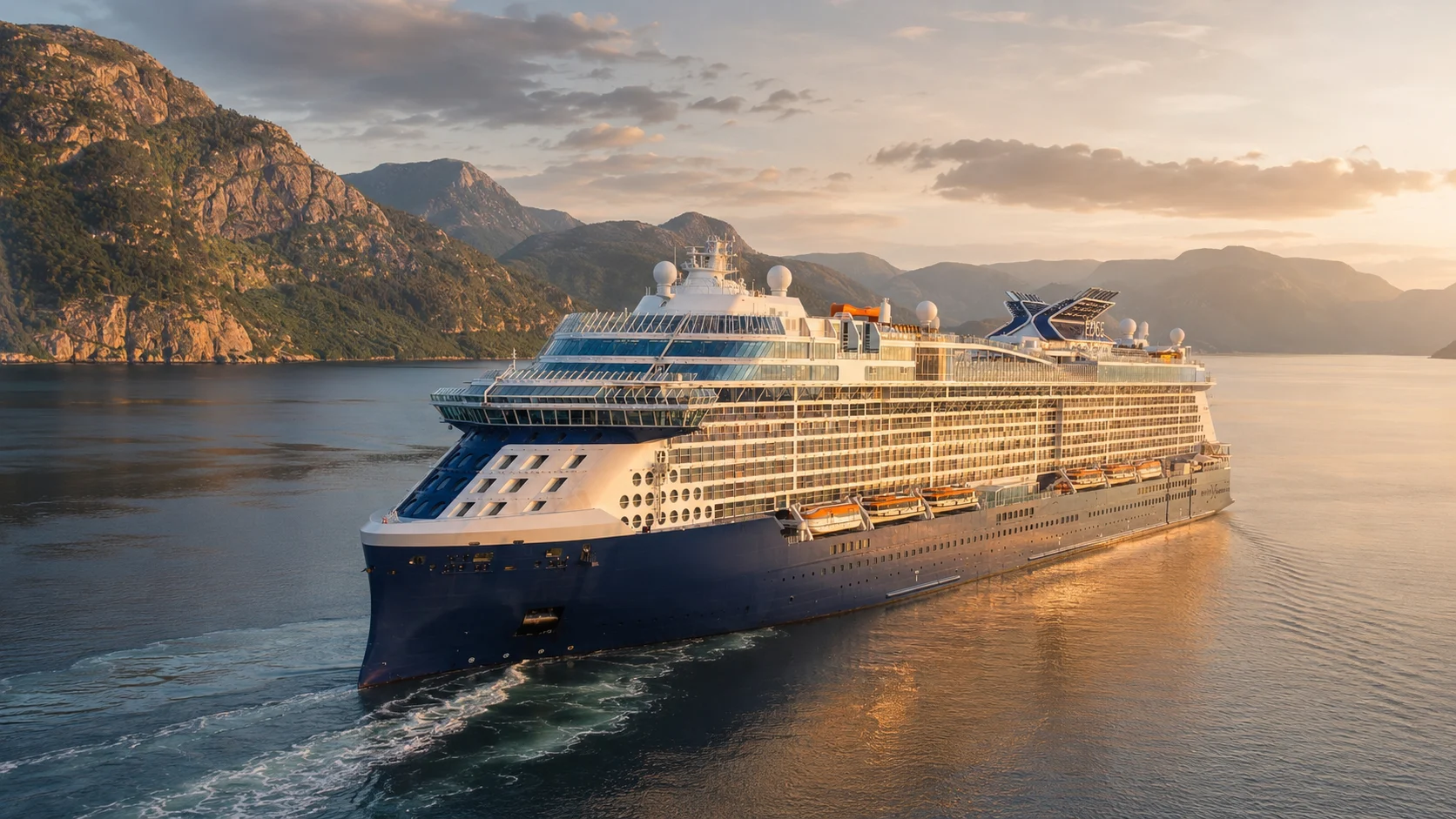 Celebrity Edge sailing through a mountainous fjord