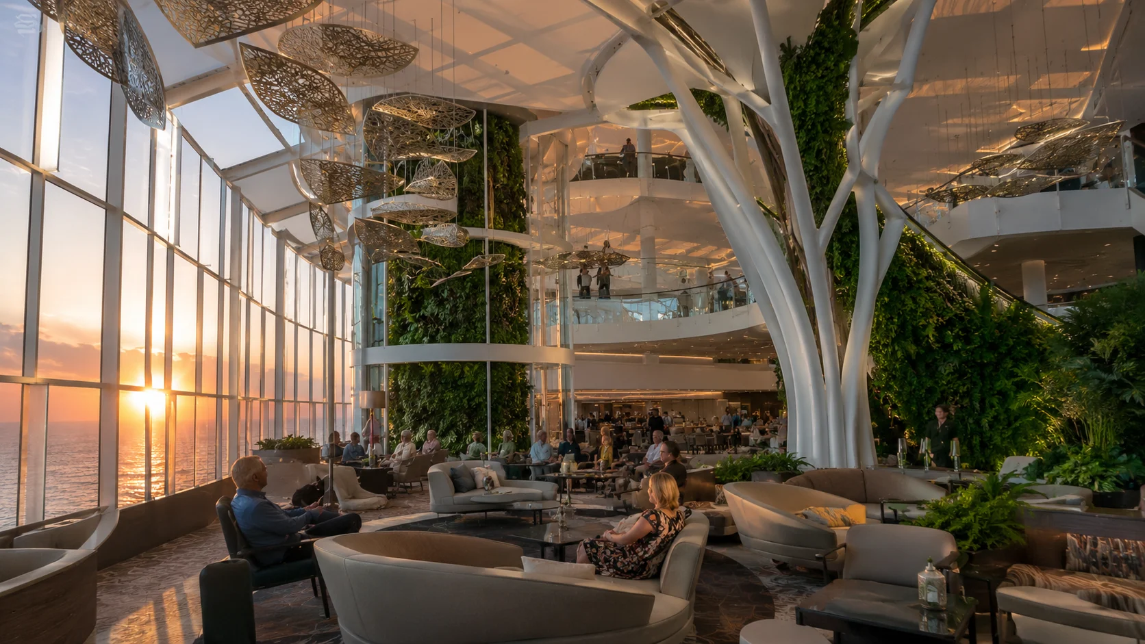Sunset view through the glass walls of Eden aboard Celebrity Edge