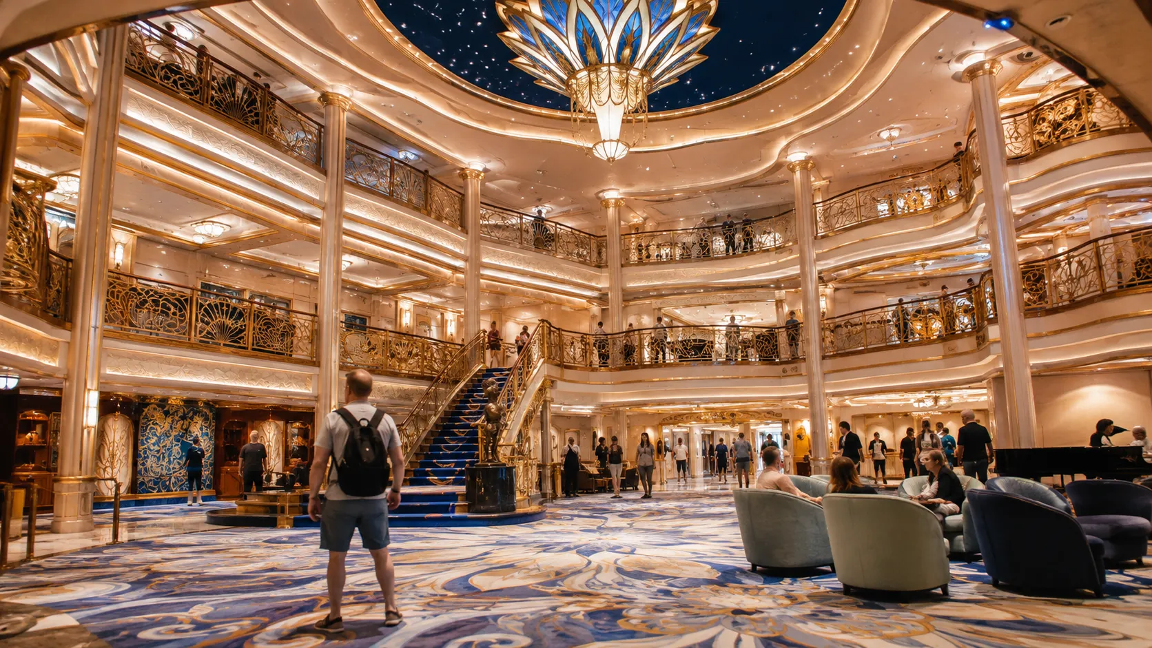 Grand Hall atrium with sweeping staircase aboard Disney Destiny