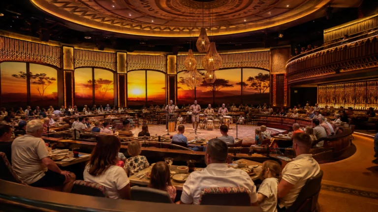 Guests watching a musical performance during Pride Lands dining aboard Disney Destiny