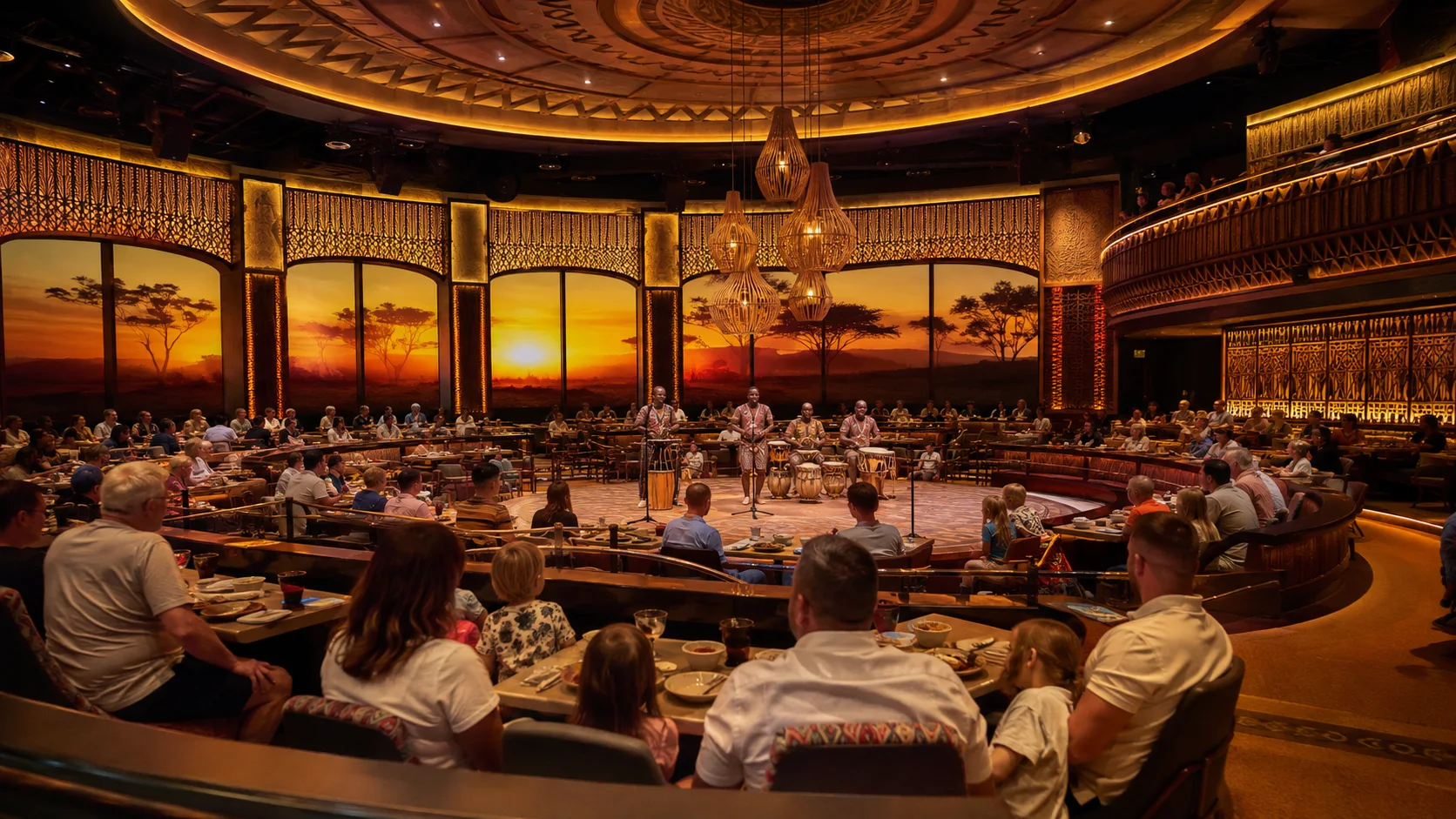 Guests watching a musical performance during Pride Lands dining aboard Disney Destiny