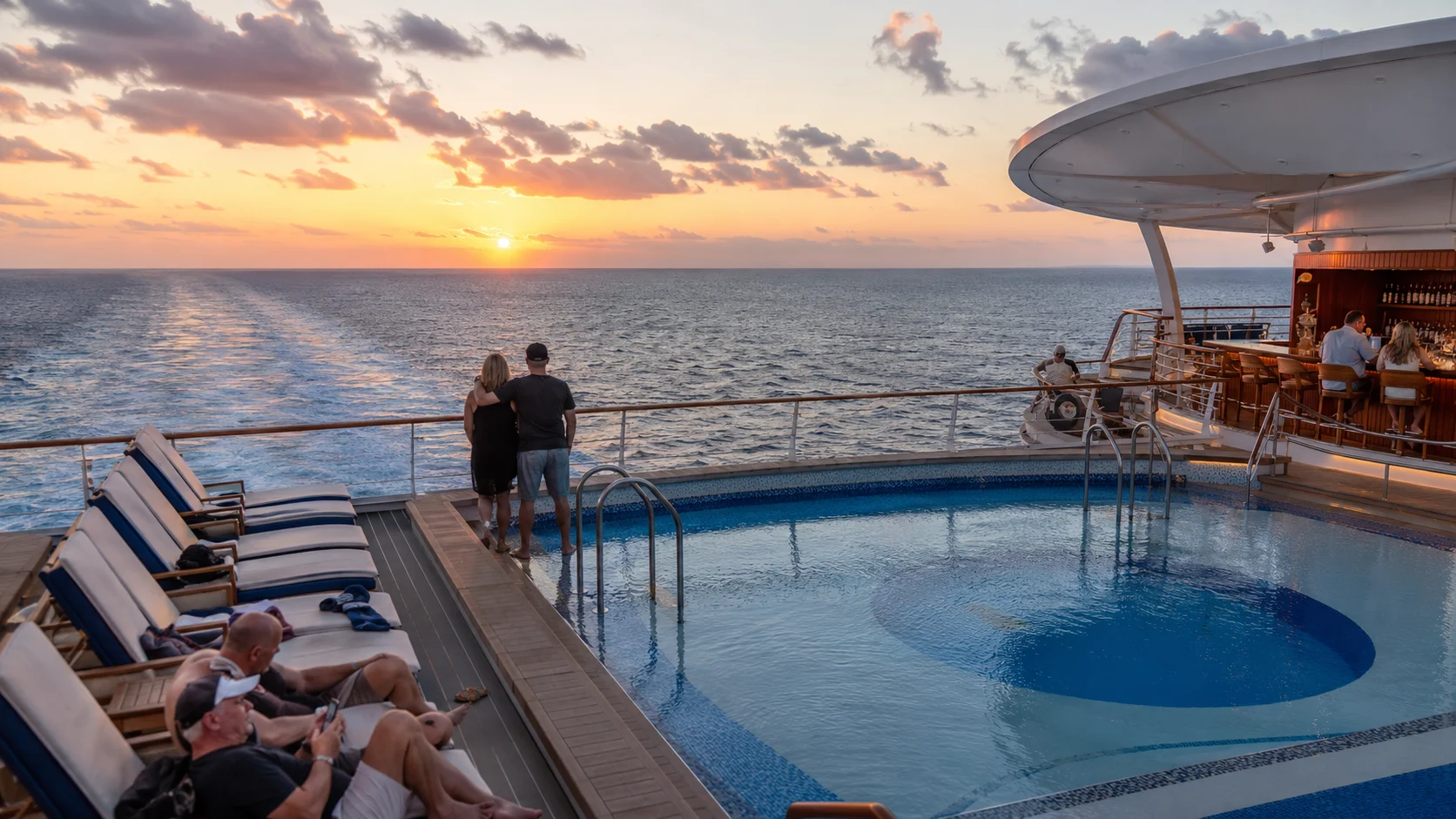 Quiet Cove pool area aboard Disney Wish at sunset