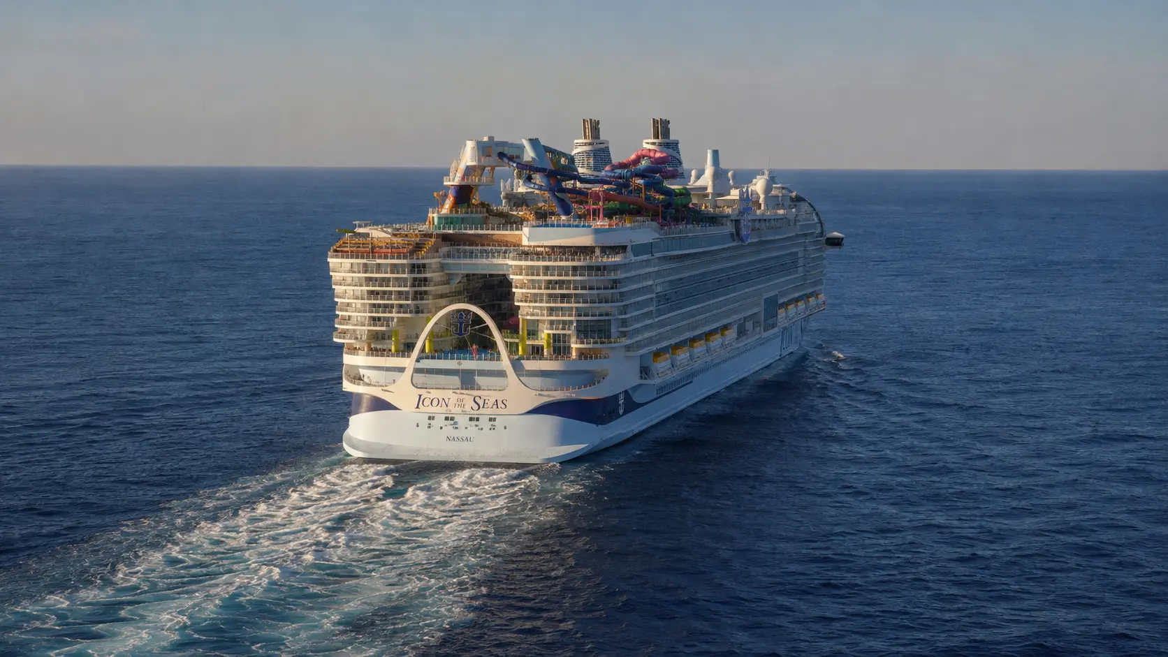 Aerial view of Icon of the Seas and its wake