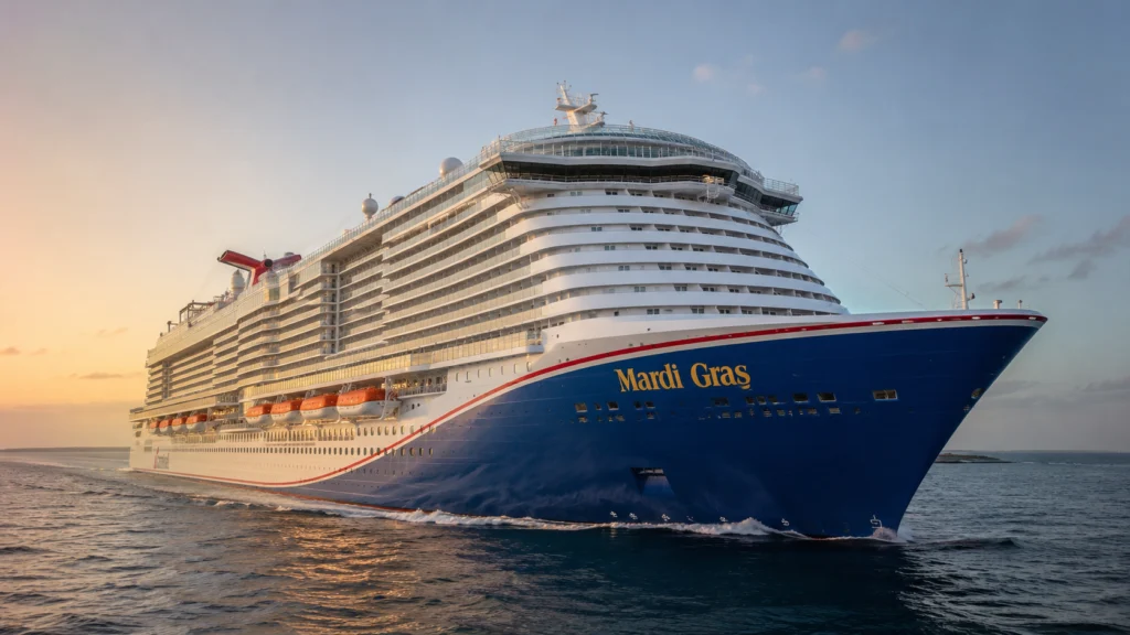 Close bow view of Mardi Gras cruising through calm water