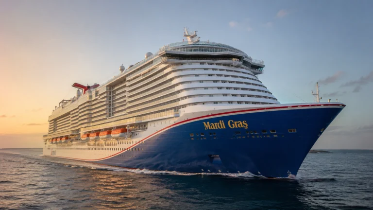 Close bow view of Mardi Gras cruising through calm water