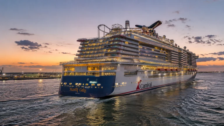 Stern of Mardi Gras glowing with lights at sunset