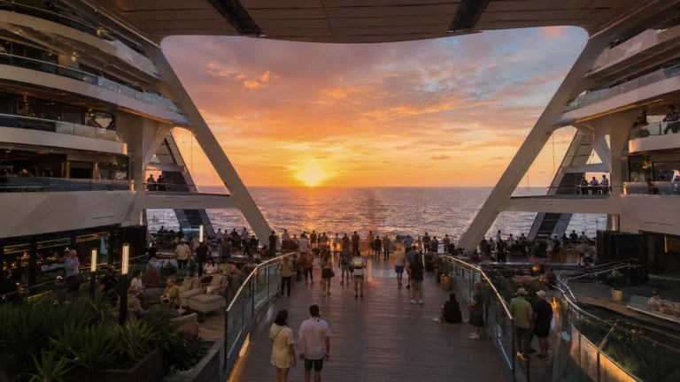 MSC World America World Promenade crowded at sunset