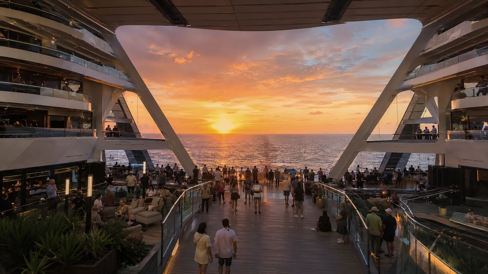 MSC World America World Promenade crowded at sunset