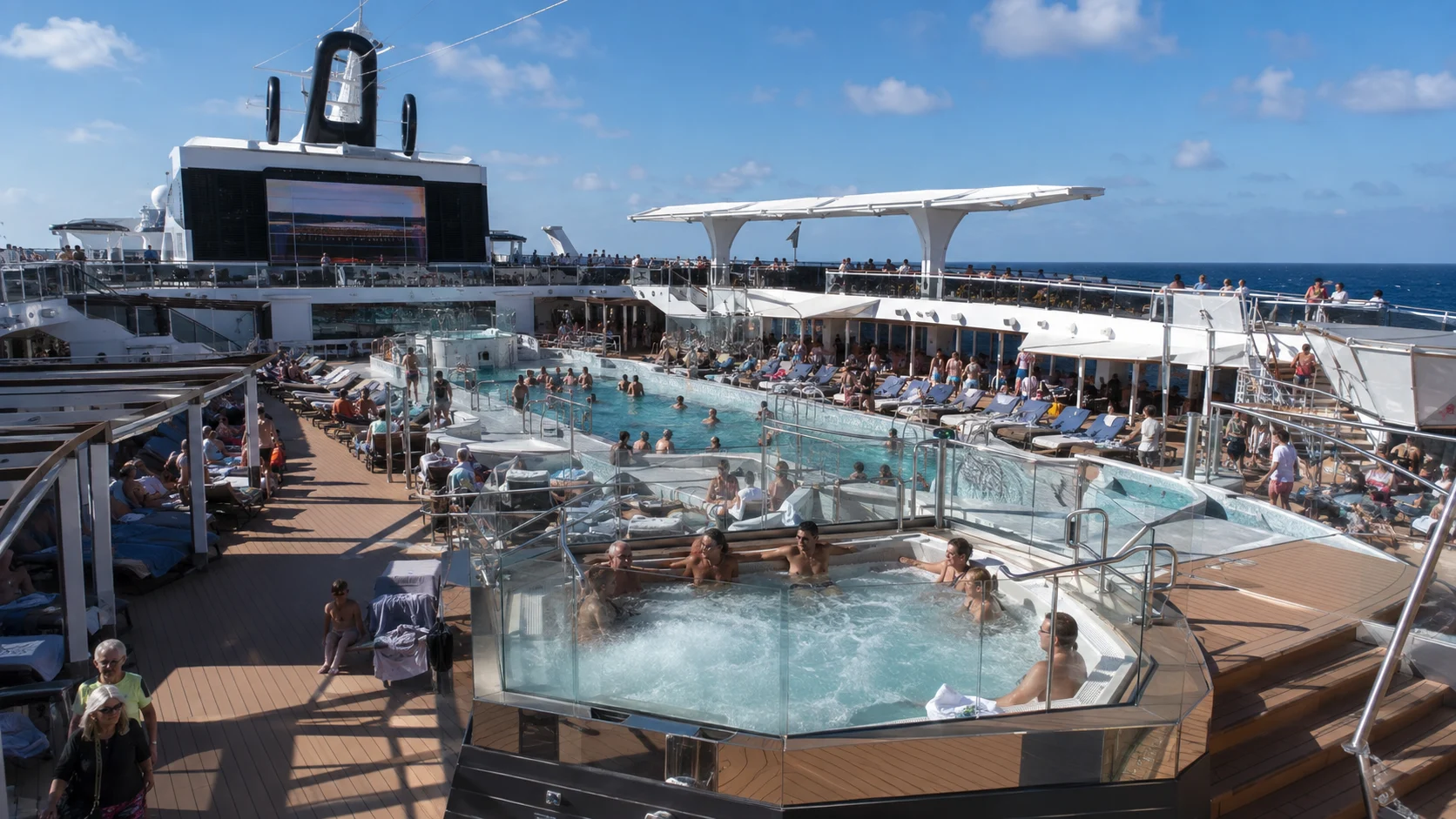 Pools and waterslides on the MSC World America Aqua Deck