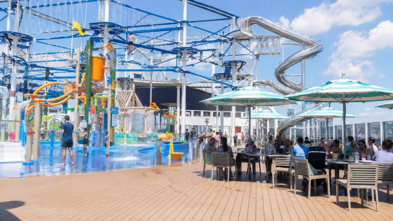 Colorful children's water play area at The Harbour aboard MSC World America