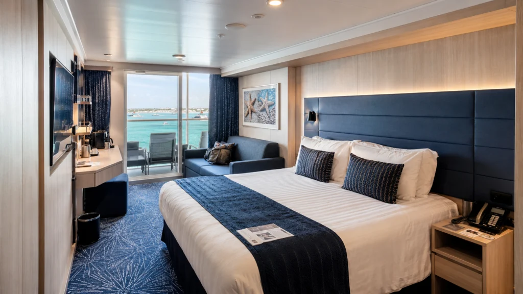 MSC World America balcony cabin with a double bed