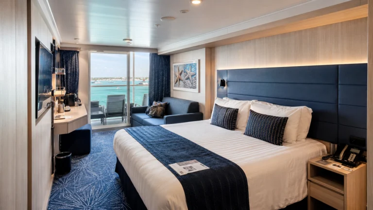 MSC World America balcony cabin with a double bed
