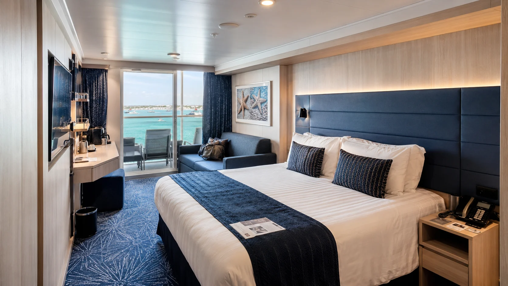 MSC World America balcony cabin with a double bed