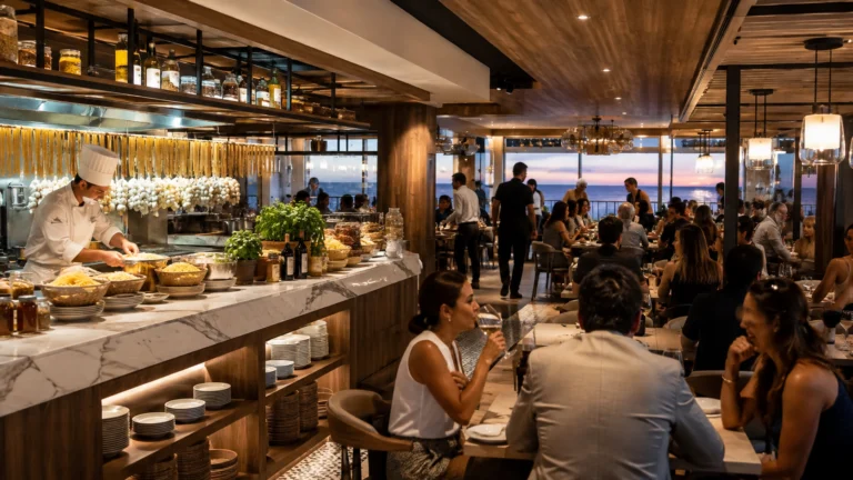 Crowded open-kitchen restaurant with diners seated at tables