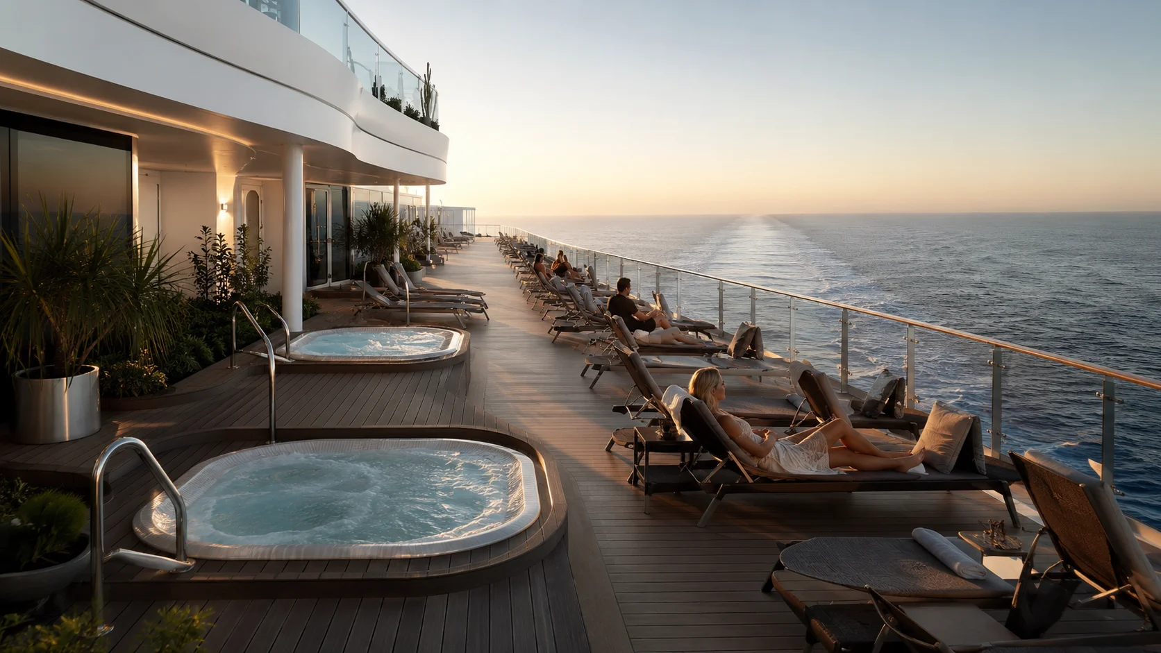 Ocean-view whirlpool and loungers in the MSC World America Zen Area