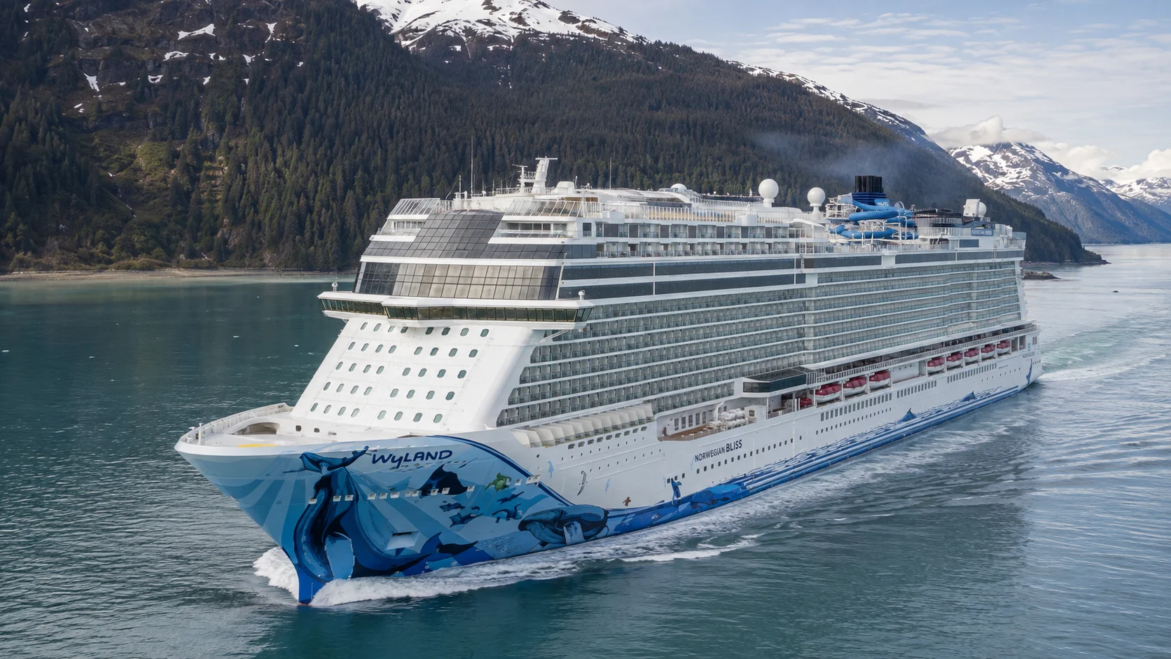 Norwegian Bliss sailing through an Alaskan fjord