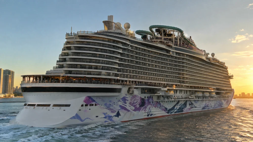 Norwegian Luna sailing away at sunset