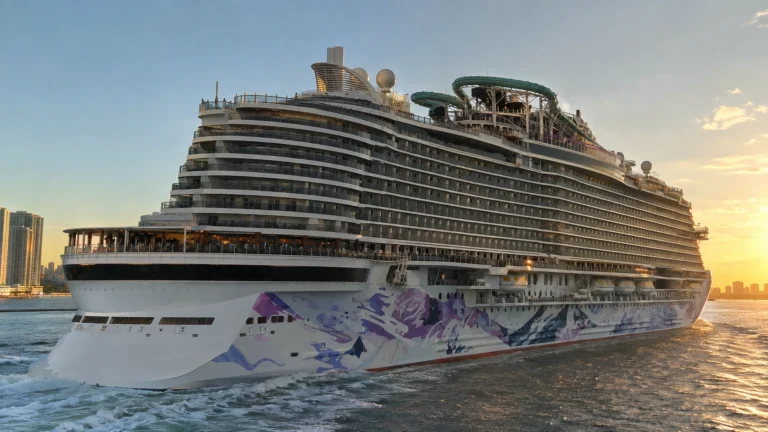 Norwegian Luna sailing away at sunset