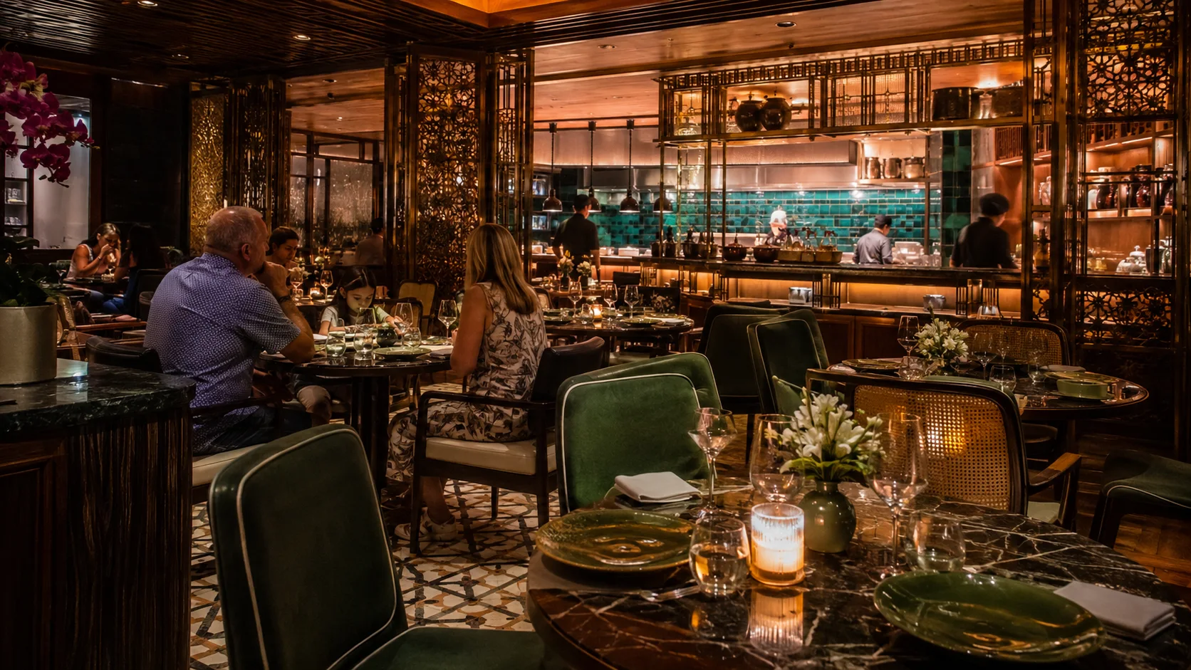 Warmly lit Sukhothai dining room aboard Norwegian Luna