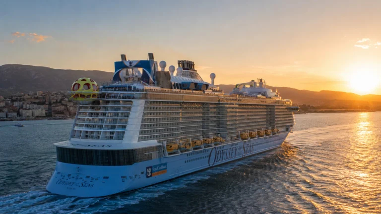 Odyssey of the Seas sailing at sunset