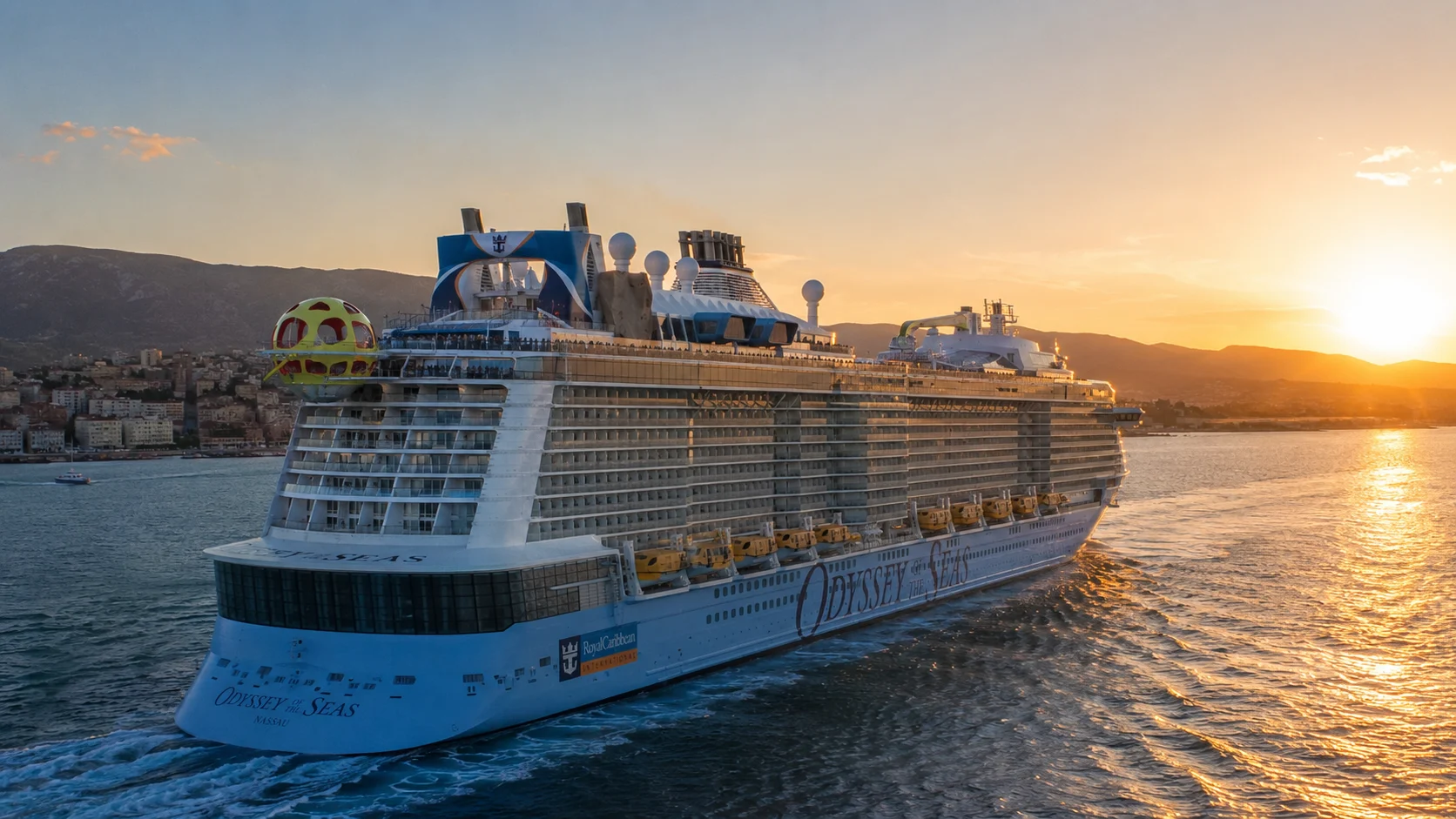 Odyssey of the Seas sailing at sunset
