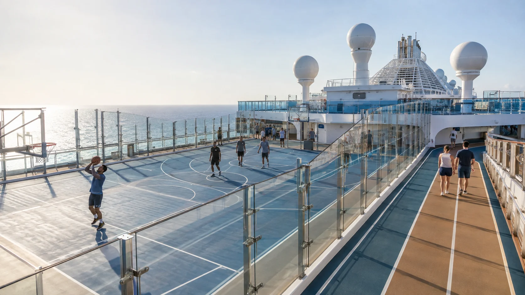 Passengers playing basketball on the Star Princess SkyDeck sports court