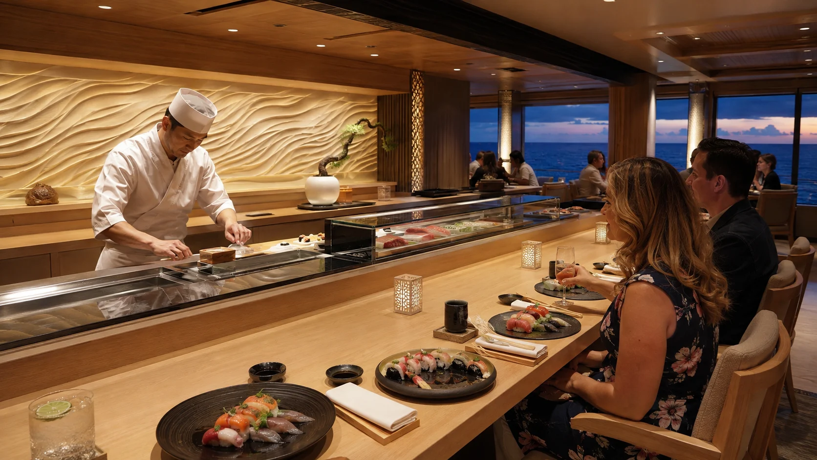 Chef preparing sushi for guests at Makoto Ocean aboard Star Princess