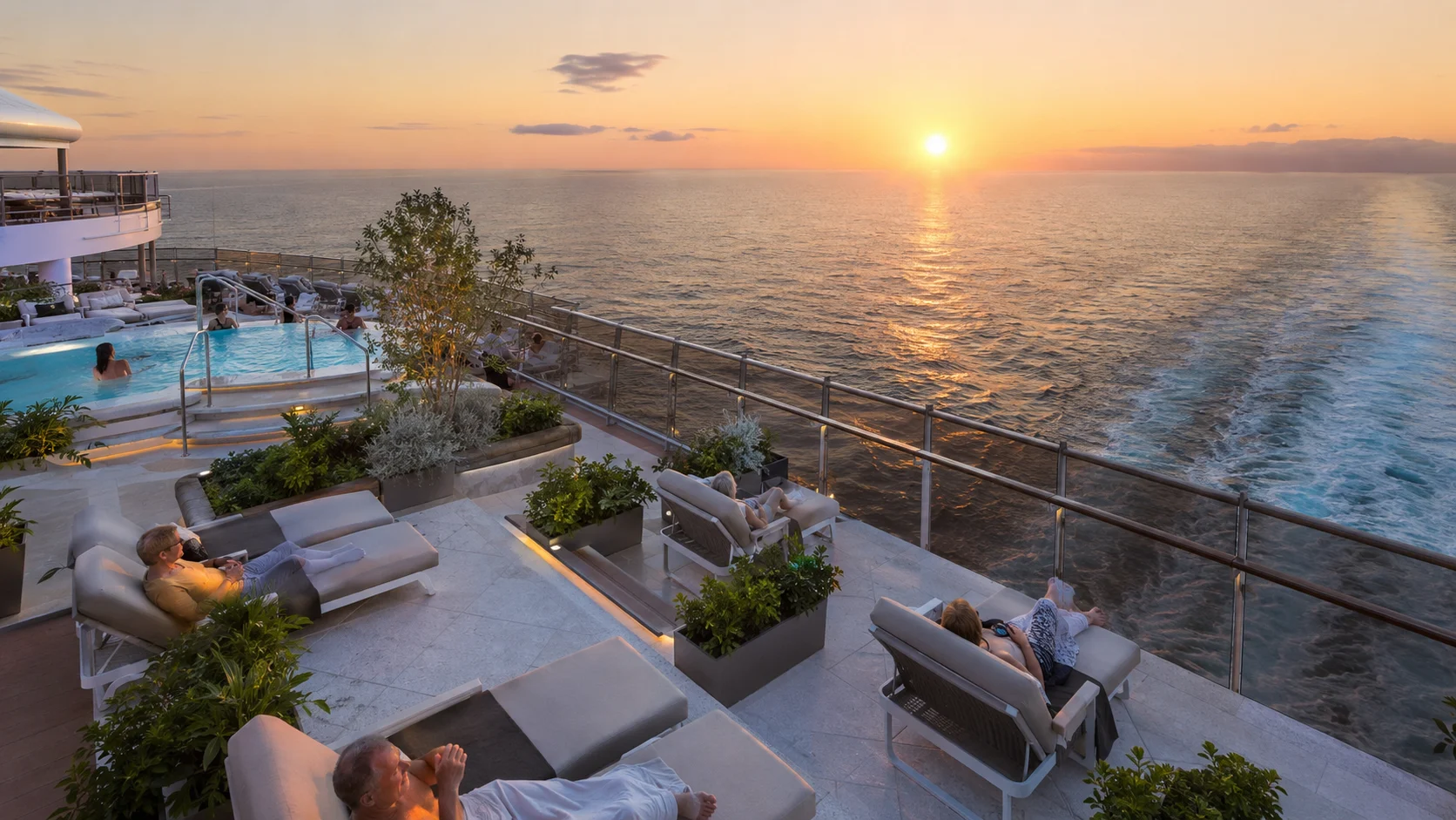 Sanctuary Club loungers and infinity pool aboard Star Princess at sunset