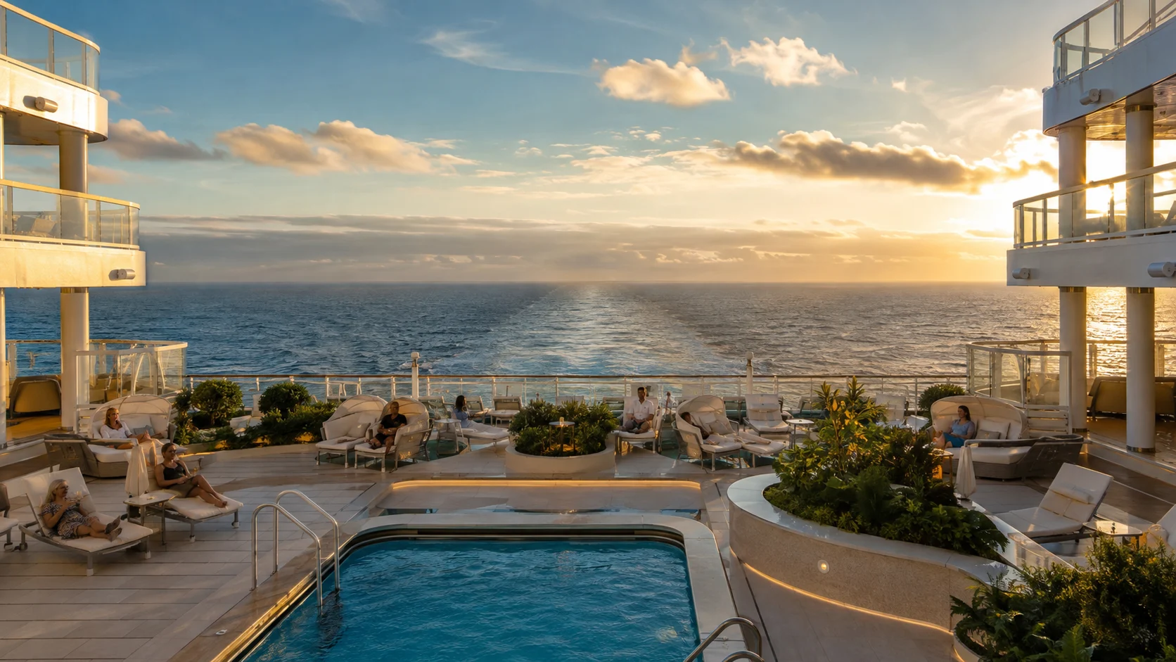 Sun Princess Sanctuary Club pool and loungers at sunset